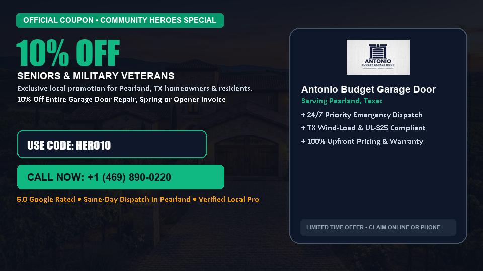 Antonio Budget Garage Door 10% OFF Seniors & Military Veterans in Pearland, TX